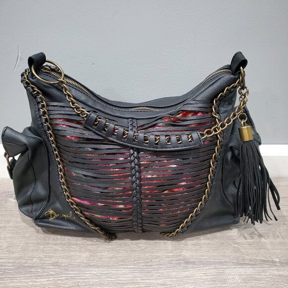 Desigual Top Handle Purse Bag Black Cutouts Chain Side Pockets Tassel Y2K Boho - Picture 1 of 16